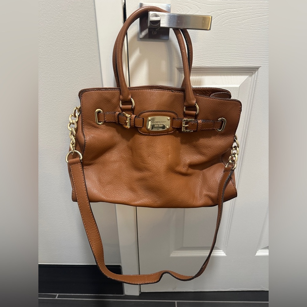 brown michael kors carmel and gold color shoulder and cross body purse bag